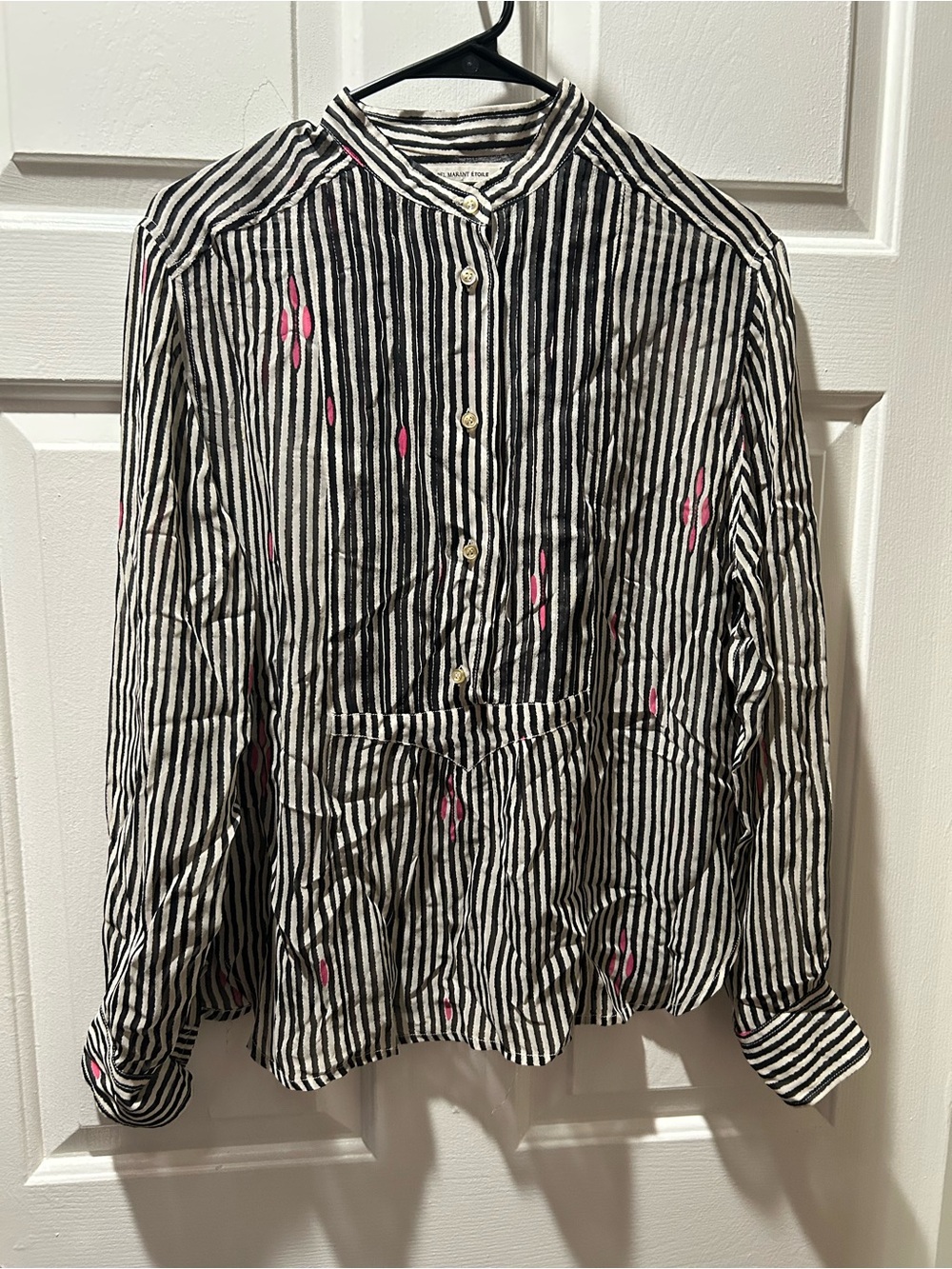 Isabel Marant Etoile Black & White Striped Button Front Blouse with Pink Accents